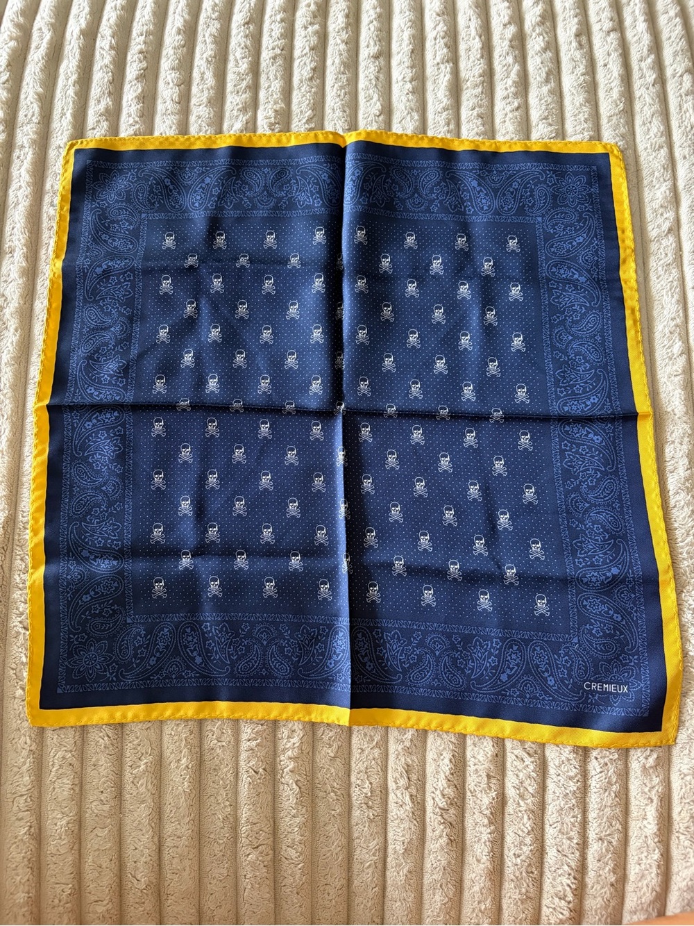 Daniel Cremieux Navy Pocket Square with Yellow Border and Paisley/skull Motif